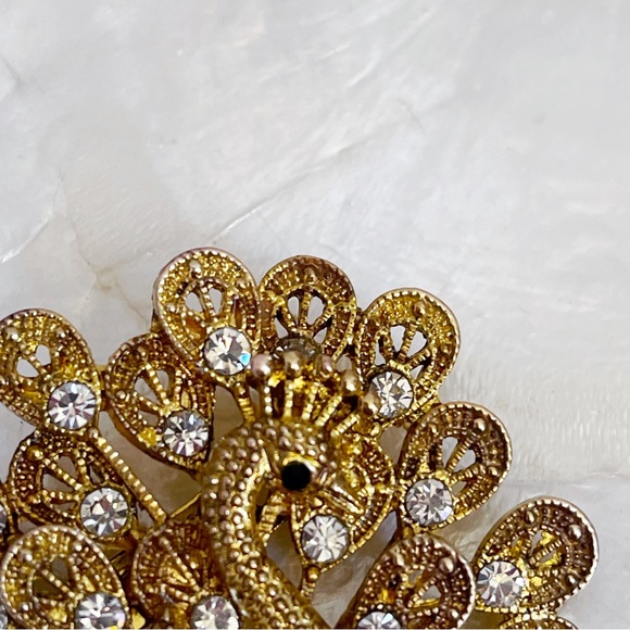 Vintage Gold Tone CZ Peacock Brooch - Picture 10 of 11